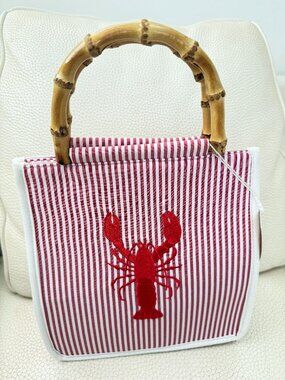 NWT TOMMY BAHAMA LOBSTER TOTE BAG BAMBOO HANDLE RED WHITE STRIPE CROSSBODY PURSE